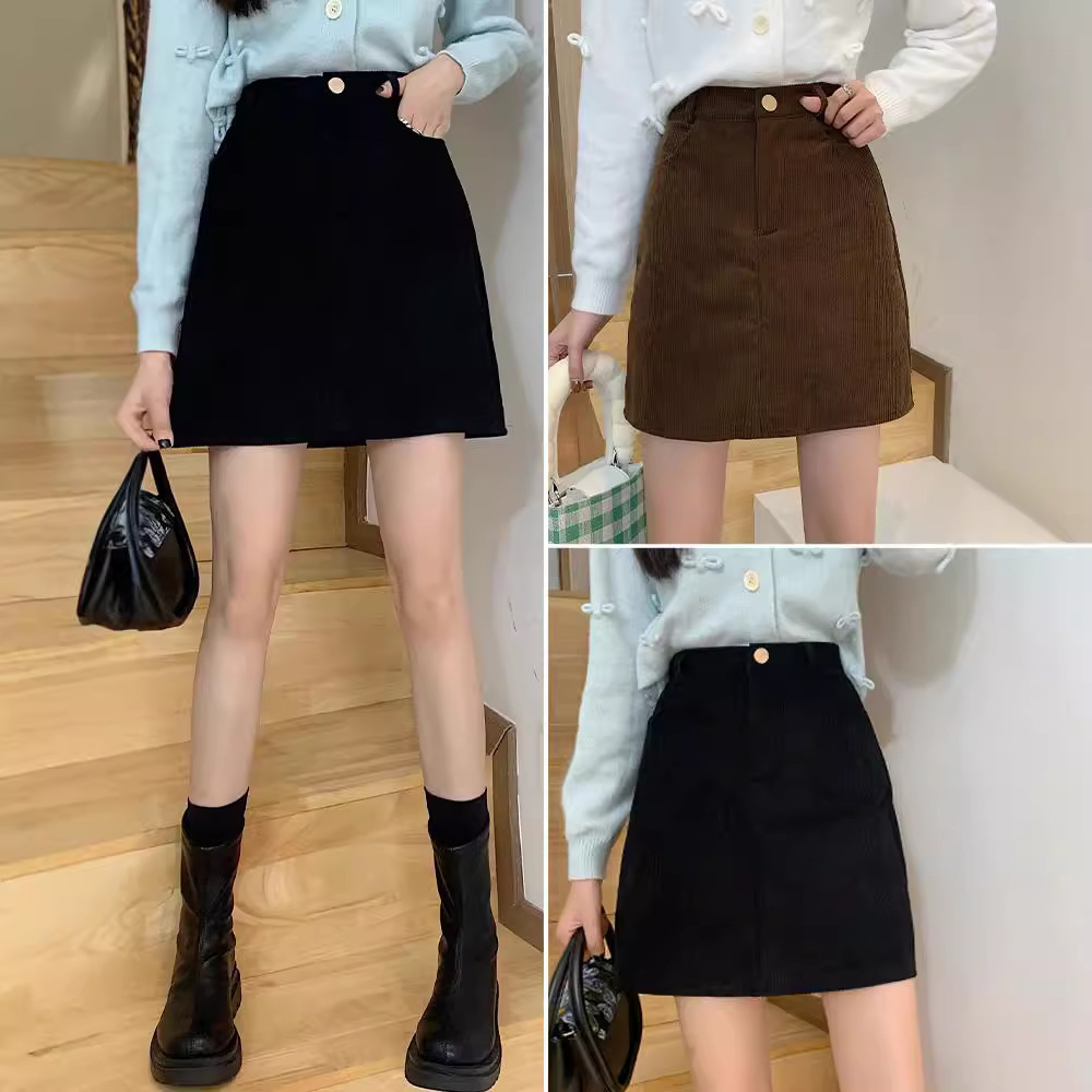 Black short skirt high waist A-line skirt corduroy 15