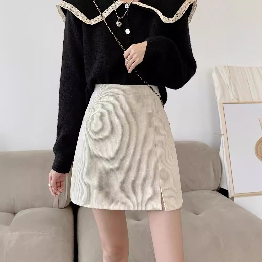 High waist slim corduroy skirt slit short skirt 21