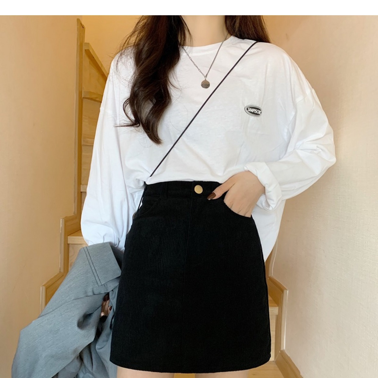 Simple and versatile high waist slim corduroy skirt 22 01