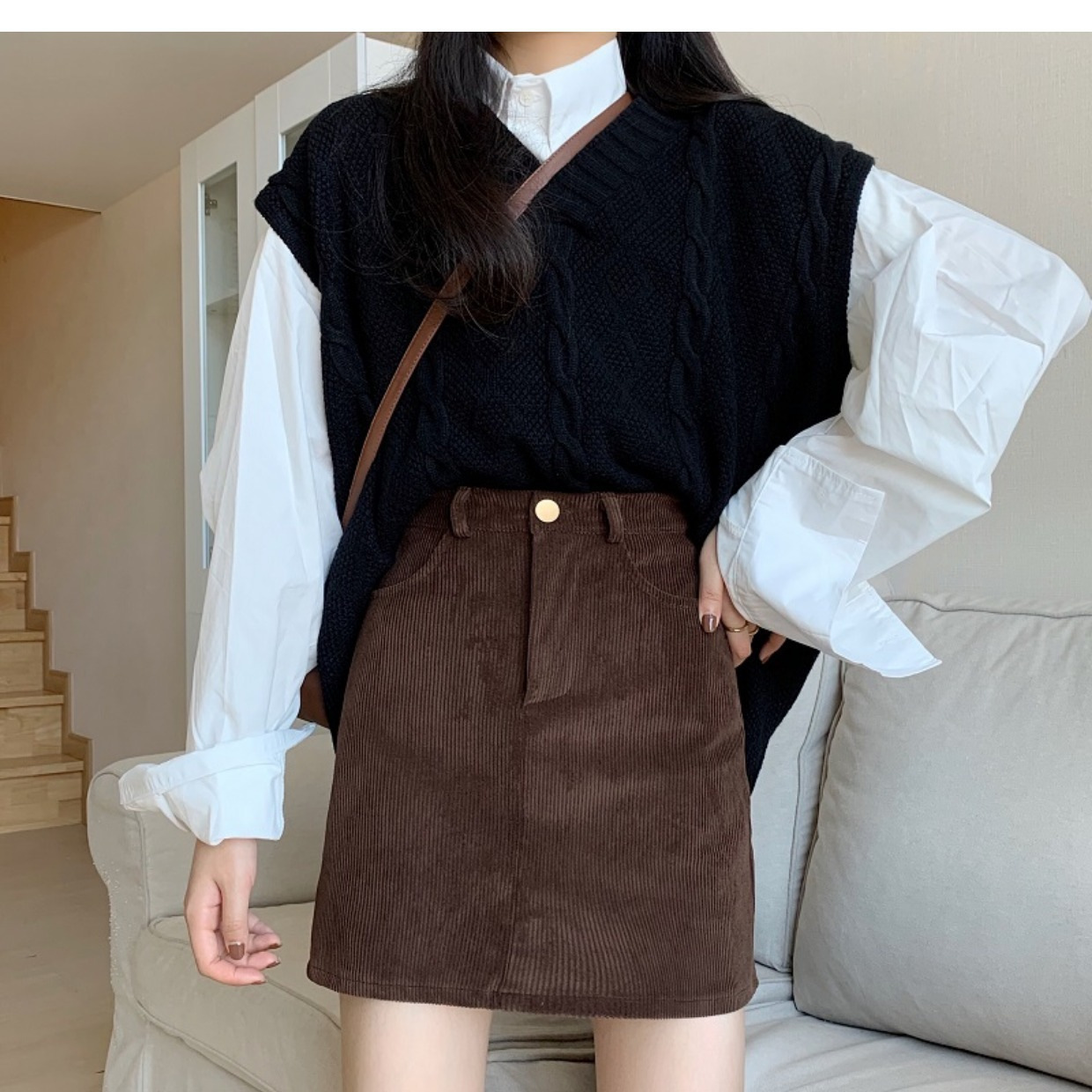 Simple and versatile high waist slim corduroy skirt 22 02
