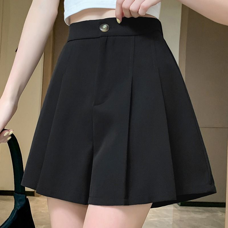 Women's black pleated shorts high waist outer wear slim 35