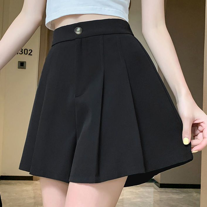Women's black pleated shorts high waist outer wear slim 35